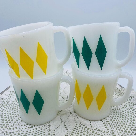 Fire King Diamond Coffee Mugs: Anchor Hocking, Yellow & Green, Set of 4 - Picture 1 of 6